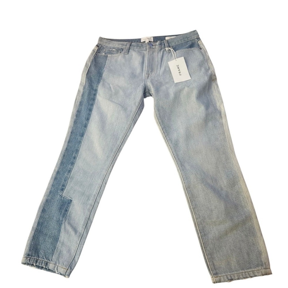 FRAME Le Garçon Mid-Rise Straight Fit Patchwork Blue Denim Jeans Size 29 NEW‎